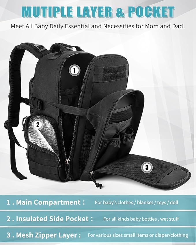 SHARKMOUTH Mens Military Diaper Bag - Military Baby Backpack with Insulated Bottle Pouches for Outdoor-Loving Dads - Changing Pad & MOLLE System for Camping, Hiking Travel