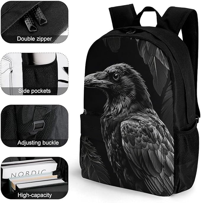 Men Women Polyester Black Crow Raven Bird Art Daypack Big Capacity Shoulder Bag With Adjustable Shoulder Straps for Camping Travel Walking Cycling