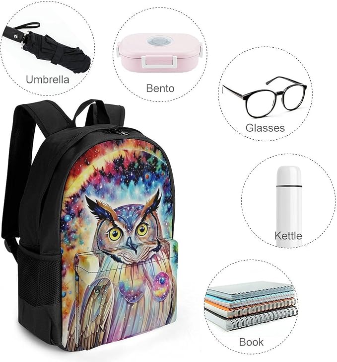 Polyester Daypack for Hiking Work Running, Big Capacity Anti-Theft Multipurpose Shoulder Bag, Owl Space Cartoon Travel and Sport Backpack Rucksack