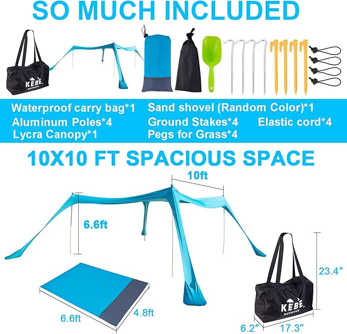 Family Beach Tent with 4 Aluminum Poles, 10x10 FT, with A Floor Mat, UPF50+ Portable Sun Shelter with Reinforced Corners, Outdoor Sunshade for Beach, Camping Trips, Backyard Fun or Fishing