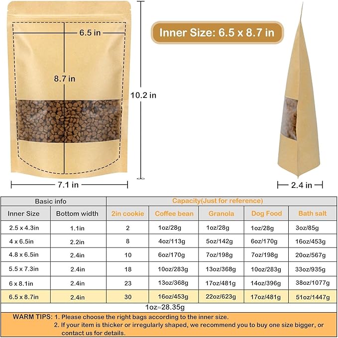 Blisstime Stand Up Pouches, 50 Pack Kraft Paper Bags with Matte Window and Tear Notch Resealable Bags for Small Business Home Use (6.5 x 8.7 Inches)