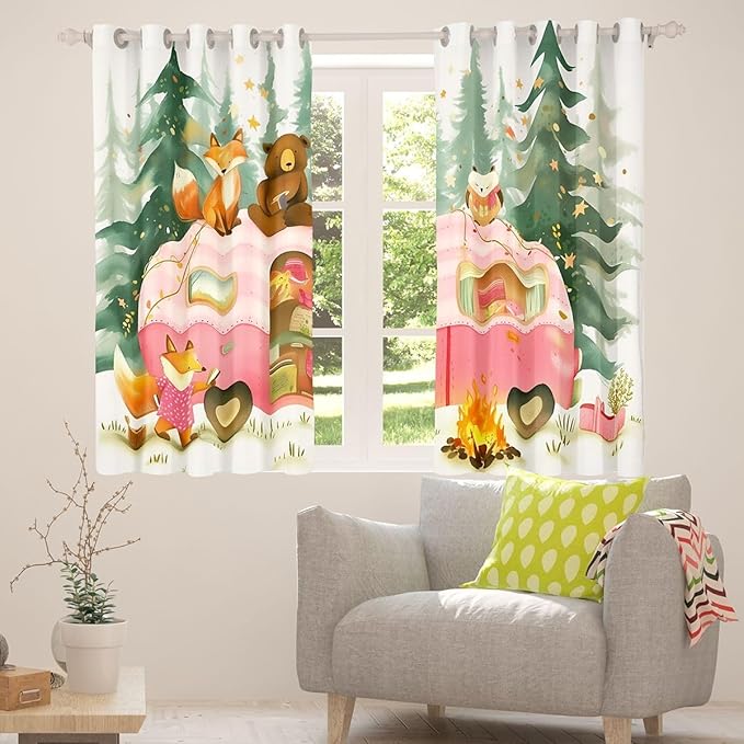 Feelyou Camping Camper Rv Blackout Curtains Bear Fox Animal Darkening Drapes for Bedroom Living Room Decor Car Thermal Insulated Shades Window Treatments, 2 Panels 52 x 90 Inch