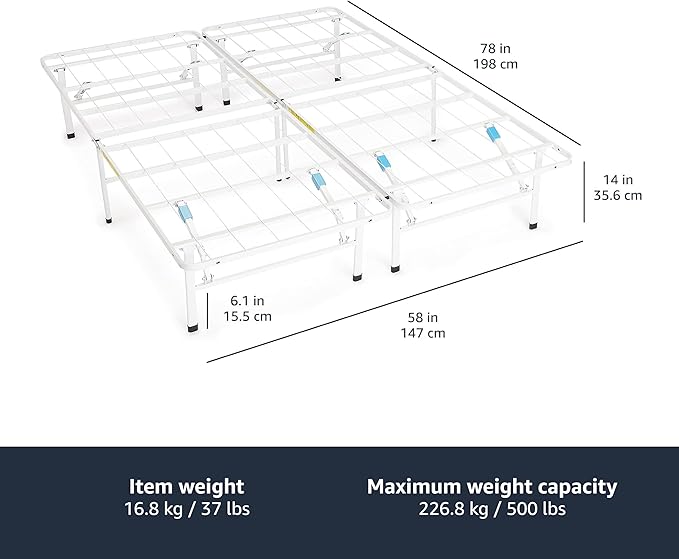 Amazon Basics Platform Bed Frame Queen, Foldable Metal, Tool-Free Setup, 14 Inches High, White