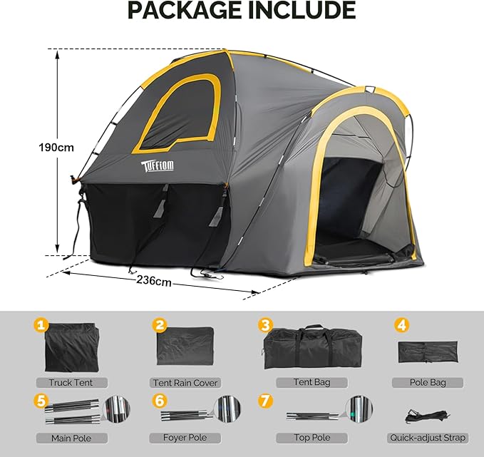Bonnlo Truck Bed Tent for 5.5-6 ft Truck Bed, PU2000 Waterproof Portable Pickup Truck Tent, 210D Oxford Polyester Camping Tent, Reinforced Fiberglass Poles for 2 Person