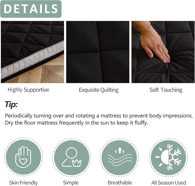 MAXYOYO Japanese Floor Futon Mattress, Extra Thick Mattress Topper Twin Bed Pad Roll Up Foldable Single Mat, Diamond Patterned Japanese Futon Bed, Black