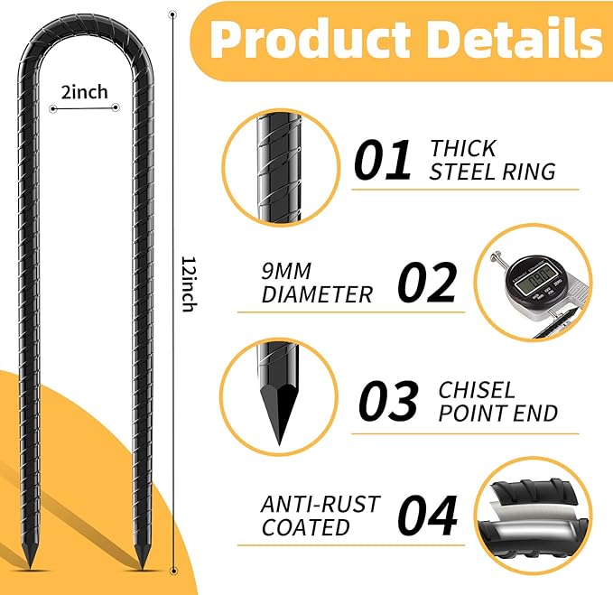 12inch Rebar Stakes, 4 Pack U Hook Ground Anchors, Heavy Duty Rust Proof Coated Steel Ground Stakes Ground Anchors, Garden Stake Metal Stakes Tent Stakes Trampoline Anchors Trampoline (Black)