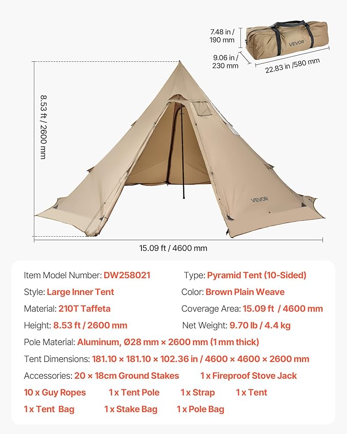 VEVOR Hot Tent, Camping Tipi Hot Tents with Stove Jack, Portable Winter Camping Tents with Snow Skirt, Easy Setup, Waterproof 4 Season Shelter Tents for Fishing Backpacking