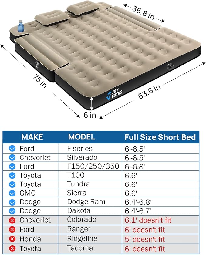 JOYTUTUS Truck Bed Air Mattress for 6.4-6.7Ft, Full Size Regular Beds for Pickup Outdoor Camping, Truck Tent Accessories with Carry Bag & Cup Holder & Cavity Design, Camel&Black