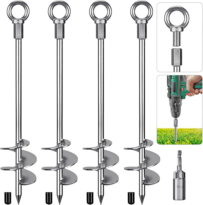 18'' Ground Anchors Screw in Heavy Duty 12mm Solid Steel, 3" Spiral Blade with Smooth Edges, Fully Welded Design for Mobile Home, Shed, Trampoline, Swing Set, Carport, Earth, Tent, 4Pack