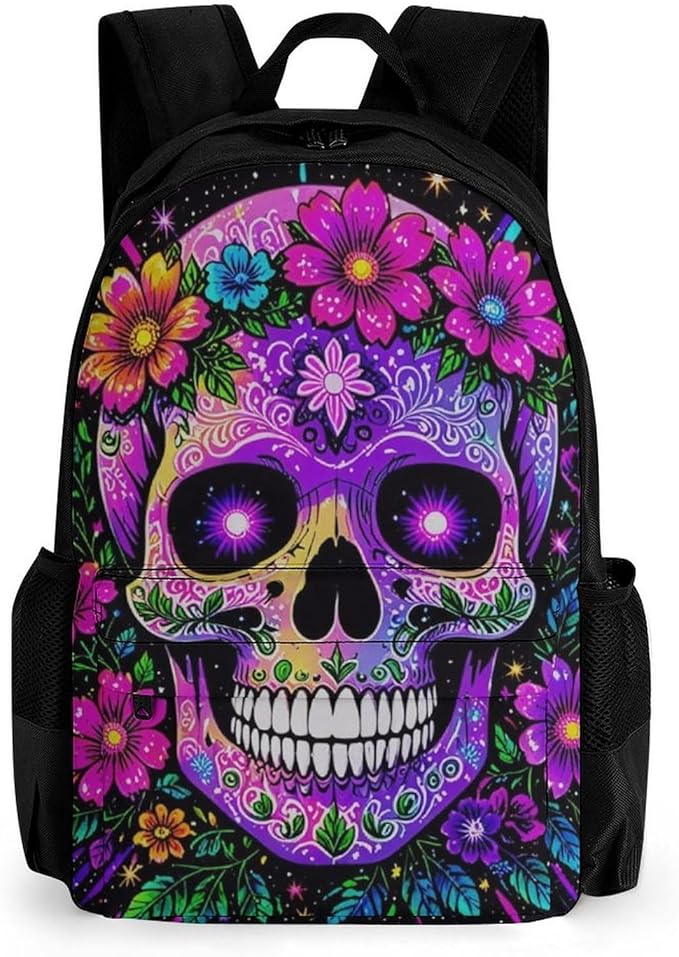 Rucksack Multipurpose Anti-Theft Big Capacity Shoulder Bag, Sugar Skull Flower Feathers Art Travel Hiking Camping Rucksack With Side Pockets