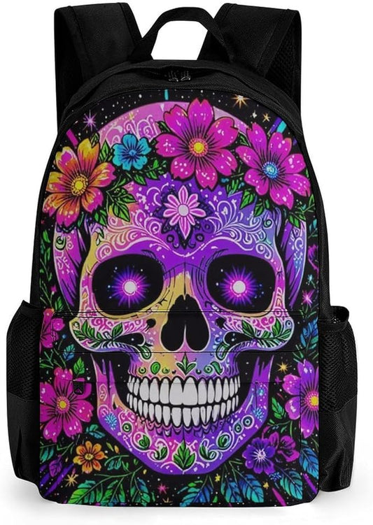 Rucksack Multipurpose Anti-Theft Big Capacity Shoulder Bag, Sugar Skull Flower Feathers Art Travel Hiking Camping Rucksack With Side Pockets