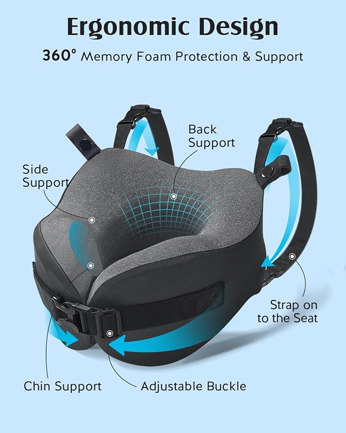 YFONG Travel Pillow for Long Flight Airplanes, Head Strap Combo with 3D Contoured Eye Mask for Sleep, Neck Pillow for Car Trip Essential, 360° Support Memory Foam Headrest, Prevent Head Bobbing, Black