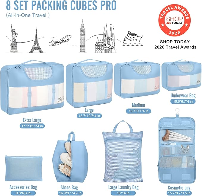 Veken 8 Set Packing Cubes for Travel Essentials, Suitcase Organizer Bags in 4 Sizes, Carry-On Luggage Accessories with Large Laundry & Hanging Toiletry Bag, Must-Have for Airplane, Road Trip & Camping