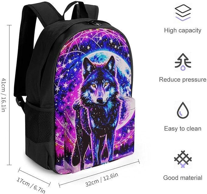 Supdreamc Men Women Polyester Trippy Wolf Space Galaxy Art Daypack Bookbag Big Capacity Shoulder Bag With Padded Straps for Climbing Travel Walking Cycling