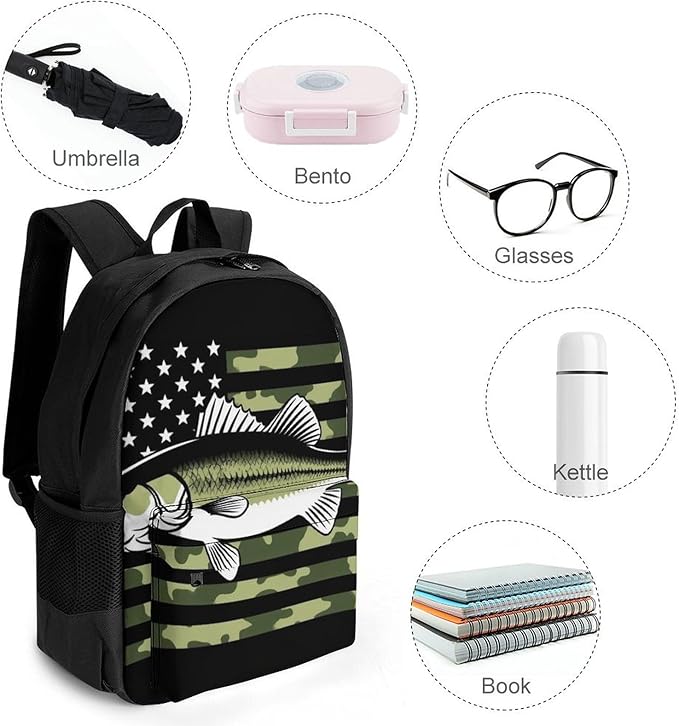 Men Women Lightweight Bass Fishing Hunting Camo Camouflage American Flag-4 Casual Daypack Big Capacity Bookbag With Padded Straps for Gym Travel Walking Cycling