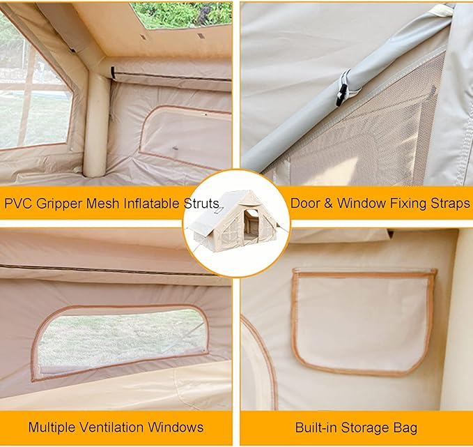GeRRiT Inflatable Glamping Tent Canvas Bell Tent 2-8 Person Large Yurt Tent Easy Setup Waterproof Breathable Outdoor Oxford Canvas Teepee Tents 4-Season for Family Camping Hiking