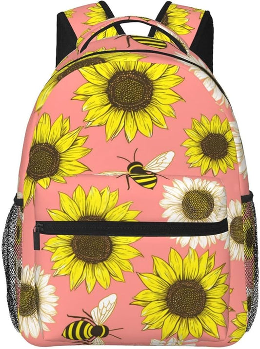 Shoulder Book Bags Polyester Multipurpose Anti-Theft Bee Sunflowers Carry On Bag Large Capacity Travel Hiking Camping Rucksack
