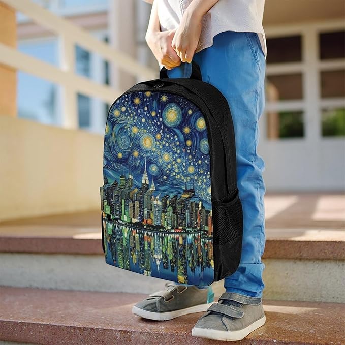 Supdreamc Men Women Lightweight Chicago City Skyline Night View Starry Sky Painting Backpack Large Capacity Carry On Bag With Padded Straps for Sports Work Walking Cycling
