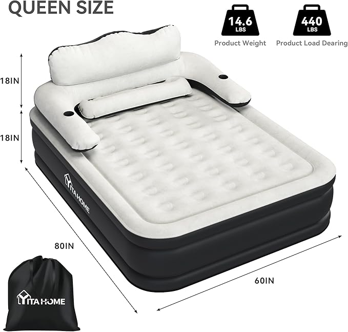YITAHOME Queen Size Air Mattress with Headboard, 18in Inflatable with Pillow, Blow Up Mattress with Removable Electric Pump, Comfort Air Bed Queen for Camping & Home