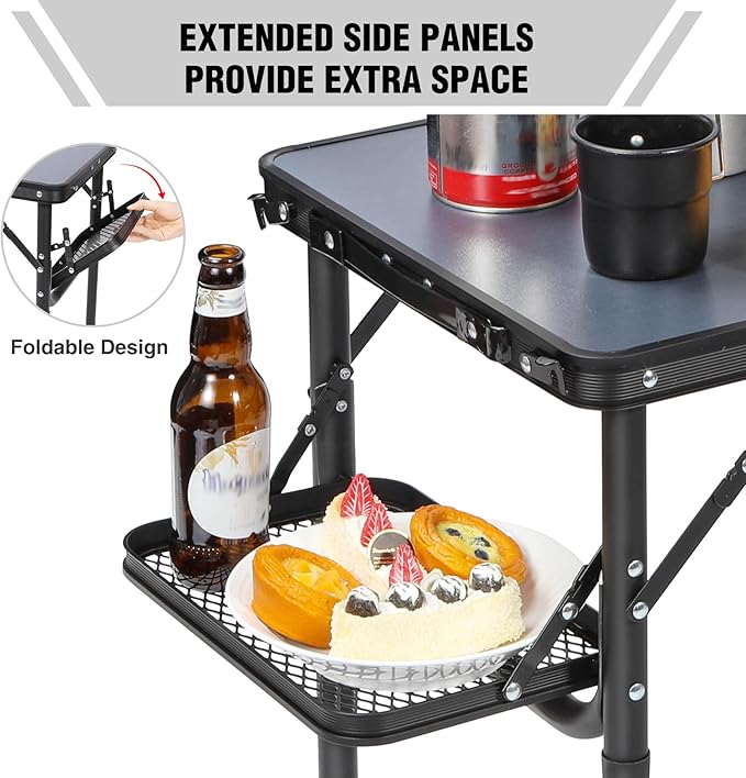 RedSwing Small Folding Table 2ft, Adjustable Height with Extra Space, Lightweight and Portable Aluminum Frame Camping Table for Outdoor Indoor Picnic, Black