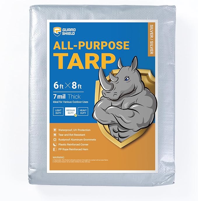 GUARD SHIELD Silver Tarp Waterproof 6x8 Feet Medium Duty All Purpose Poly Tarps Cover 7mil