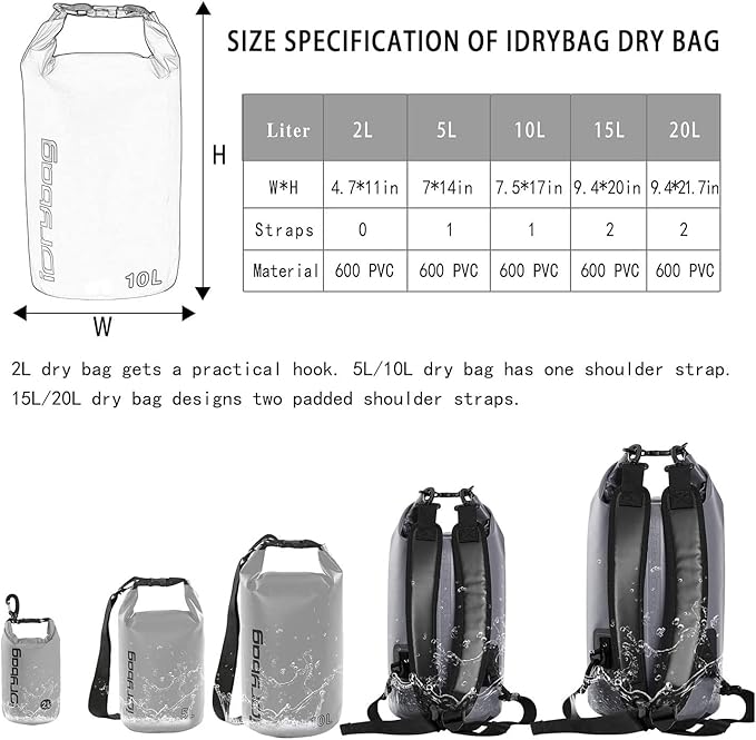 IDRYBAG Dry Bag for Kayaking Waterproof 2L/5L/10L/15L/20L, Small Dry Sack Waterproof Bag for Boating
