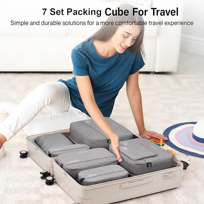 Hanke 7 Set Compression Packing Cubes for Travel, Expandable Large Packing Cubes for Suitcases and Backpack, Luggage Packing Organizer Bags with Double Zipper as Travel Essentials