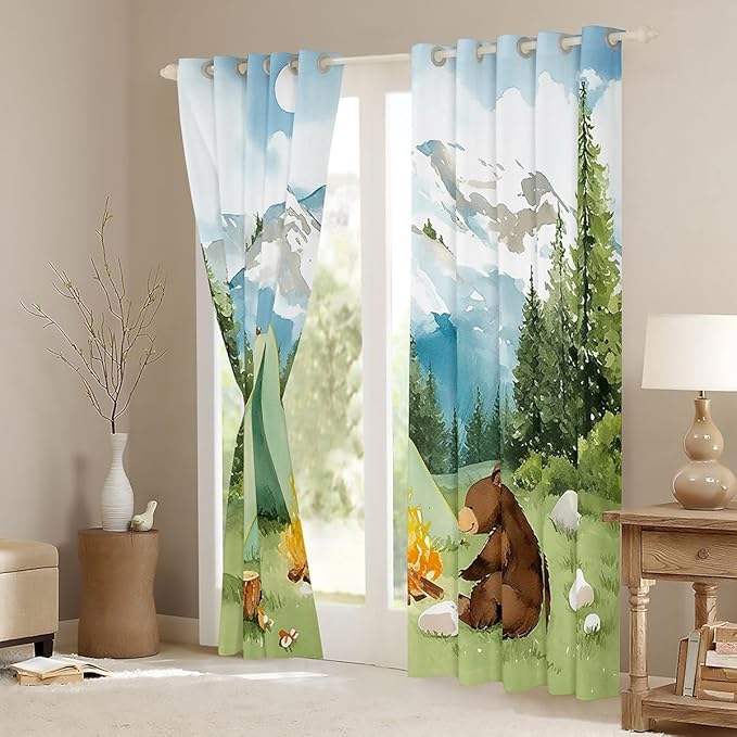Feelyou Cartoon Camping Camper Curtains for Bedroom Living Room Cute Tent Bear Blackout Shades Mountain Adventure Room Darkening Curtain Window Treatments, 2 Panels 42 x 90 Inch Decor