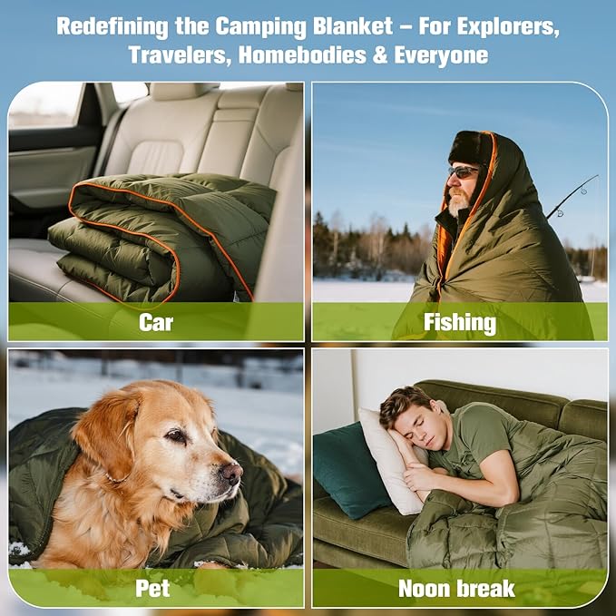 Down Camping Blanket - Olive 1lb 6oz / 77 * 52'' Lightweight Packable Warm Puffy Travel Quilt with Footbox, 650 Fill Power Waterproof Outdoor Blankets for Hiking, Travel & Stadium Down Quilt