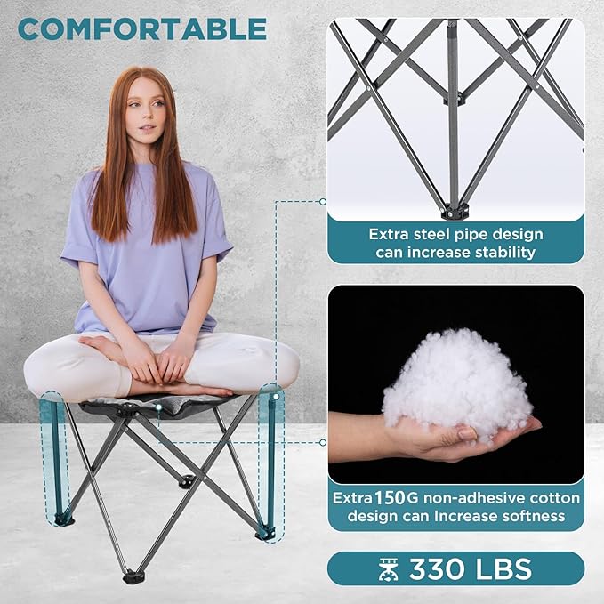 FUNDANGO Folding Camping Stool, 18.1 Inch Oversized Foot Stools 330 Lbs Heavy Duty Portable Padded Seat Anti-Slip Foots & Carry Bag for Fishing Outdoor Lawn Travel (Grey)