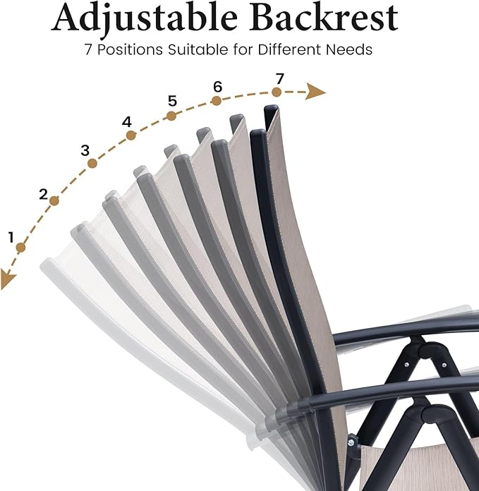 Crestlive Products Folding Patio Chairs Set of 4, Foldable Outdoor Dining Chairs 7-Level Adjustable Portable Recliner Chair for Camping, Lawn, Pool, Backyard, Brown