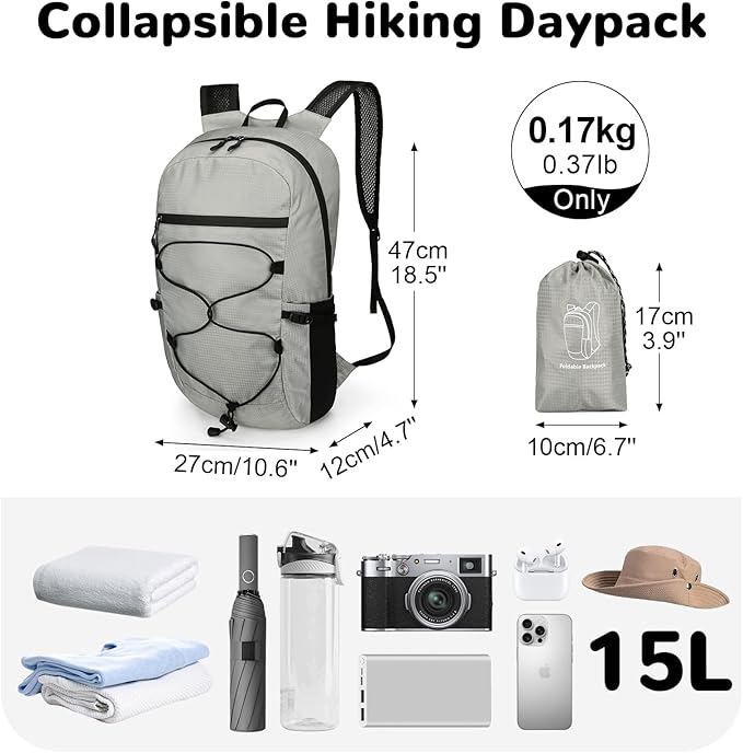 Foldable Ultralight Hiking Backpack for Men Women, Small Lightweight Packable Travel Backpack, 15L Waterproof Collapsible Nylon Daypack for Travel Hiking Outdoor, Gray