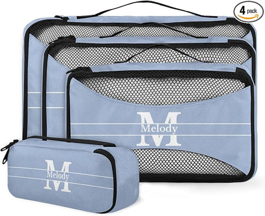 Custom Name Compression Packing Cubes Luggage Organizer Bags for Travel, Double Zipper Packing Cubes for Suitcases, Dark Sky Blue with Initial Letter