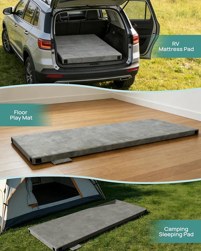 3 Inch Kids Dual-Sided Memory Foam Camping Mattress, Waterproof Camping Sleeping Pad with Portable Pillow & Carry Bag, Roll Up Cot Mattress Mat for Guest Bed/Car/Tent