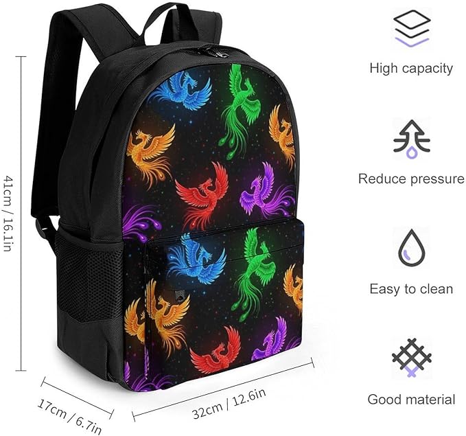 Men Women Polyester Colorful Fire Flame Birds Black Daypack Bookbag Big Capacity Shoulder Bag With Padded Straps for Climbing Travel Walking Cycling