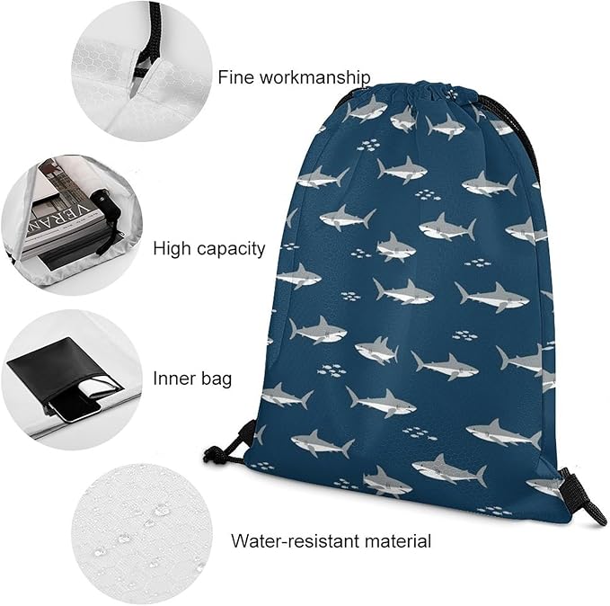 Travel Drawstring Backpack Beam Bag Large Capacity for Volleyball Baseball Sports Equipment Men Women Unisex, Cute Shark Print Eco-Friendly Bags