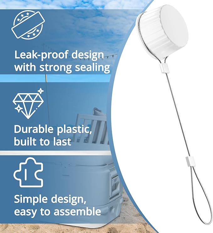 Upgraded Cooler Drain Plug Caps Replacement Parts, Compatible with Igloo 50-165 Qt, Threaded Caps with Stainless Steel Tether-2 Pack