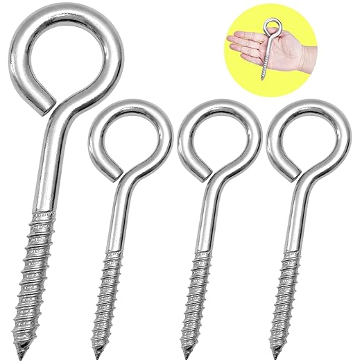 4Pcs Self Tapping Eyelet Screw Eye Bolt，6 Inch Heavy Duty Screw Eyes Hooks ，M10 Wooden Large Screw Eye Hook，Load Capacity 800 Lbs for Hammock ，Yoga，Heavy Indoor Outdoor Uses (4, M10-6 INCH)