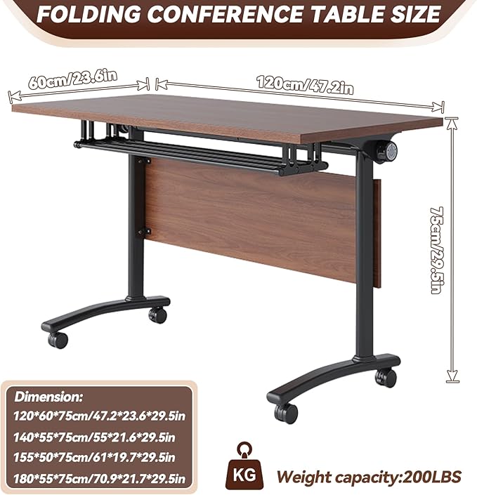 Modular Conference Room Table, Folding Seminar Desk with Wheels, Large Mobile Office Meeting Table for Classroom Training, Flip-Top Stackable Conference Tables,8 Packs Walnut Color