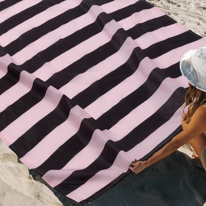 Beach Blanket Waterproof Sandproof, Oversized Picnic Blankets with Stakes – Lightweight Quick-Drying, Extra-Large Pink and Black Striped Beach Mat for Outdoors, Camping, Hiking Trips