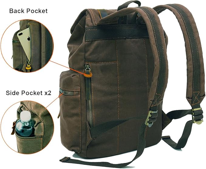 HuaChen Vintage Canvas Travel Backpack with Leather Trim, Laptop Padded Sleeve, Hidden Back Security Pocket, Fits 14-Inch, M32 Army Green