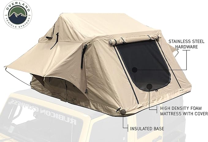 Soft Shell Rooftop Tent for SUV & Truck Camping, 3-Person - Overland Vehicle Systems TMBK - Universal Fitment with Rainfly & Ladder