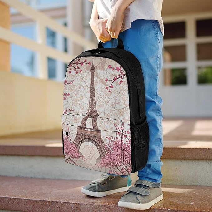 Supdreamc Daypack Anti-Theft Multipurpose Large Capacity Shoulder Bag, Paris Eiffel Tower With Pink Cherry Flower Blossom Travel Hiking Camping Rucksack With Smooth Zippers