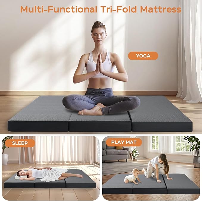 Tri Folding Mattress Twin Size - Memory Foam Tri-fold Handle & Non-Slip Bottom, Portable Foldable Sofa Bed Floor Chair for Travel RV Camping Guest Yoga - 6 Inch, 75"x38"x6"