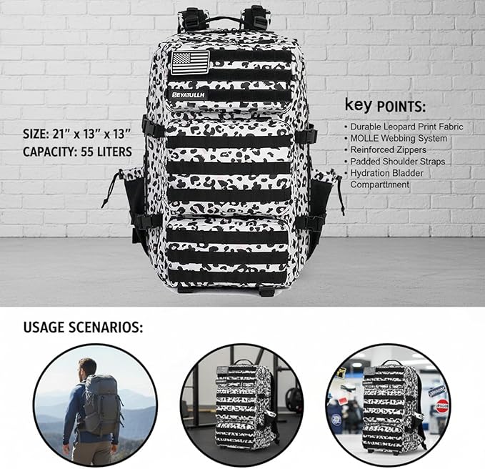 Military Tactical Backpack 55L for Men & Women Bug Out Bag Assault pack Molle Daypack Hiking Trekking Rucksack (Leopard print color)