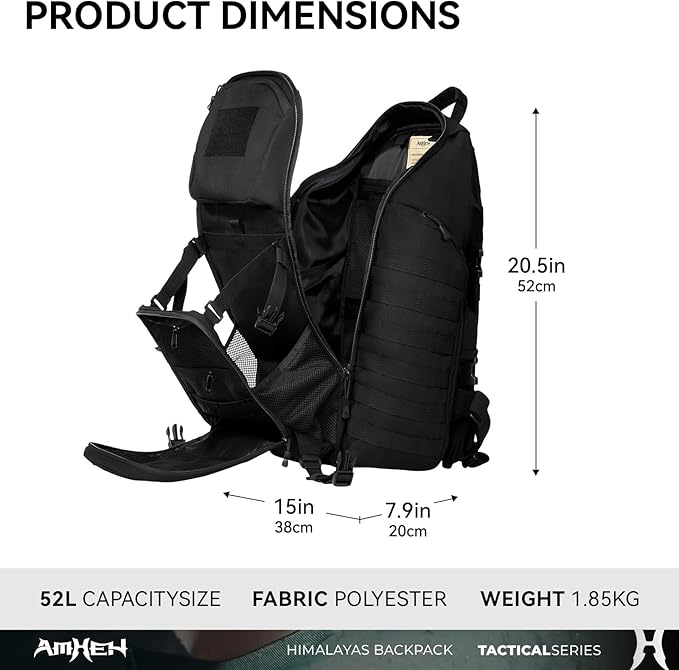 52L Tactical Backpack - 1050D 72 Hour Bug Out, 17" Laptop Compartment, Helmet Pocket and MOLLE for Survival Emergency (Black)