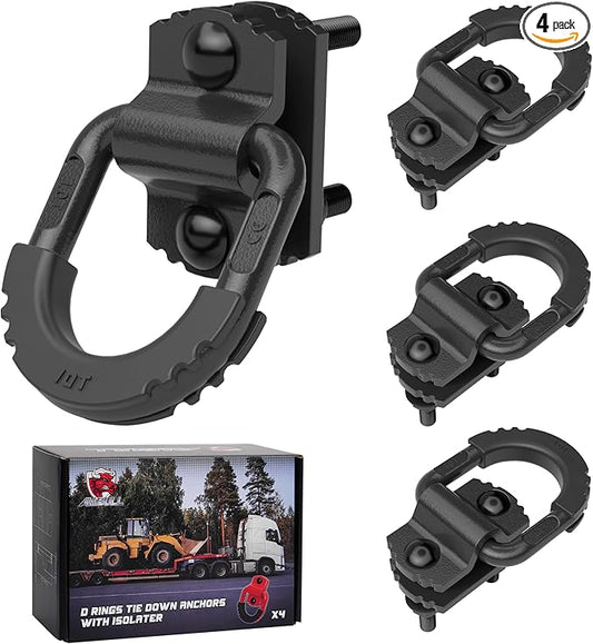 D-Ring Tie Down Anchors with Rubber Isolators, 4 Pack Heavy Duty 10 Ton Capacity Carbon Steel, Bolt-On with Mounting Hardware, Zinc & Powder Coated for Trailer, Truck, Pickup, Garage-Black