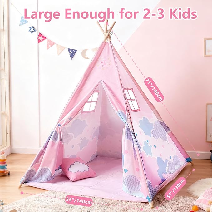 Pink Pony Teepee Tent for Bedroom,Cat Teepee Tent Reading Tent for 3–6 Year Old Toddle with Light & Mat, Cozy Hideout Girls'Bedroom Décor,Girl Sleepover Party, Cat House