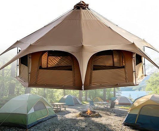 14.76ft Free Standing Canvas Bell Tent, 4 Season Yurt Glamping Tent with Stove Jack & Zipper Closure, Spacious 15 Person Family Tent for Outdoor Activities