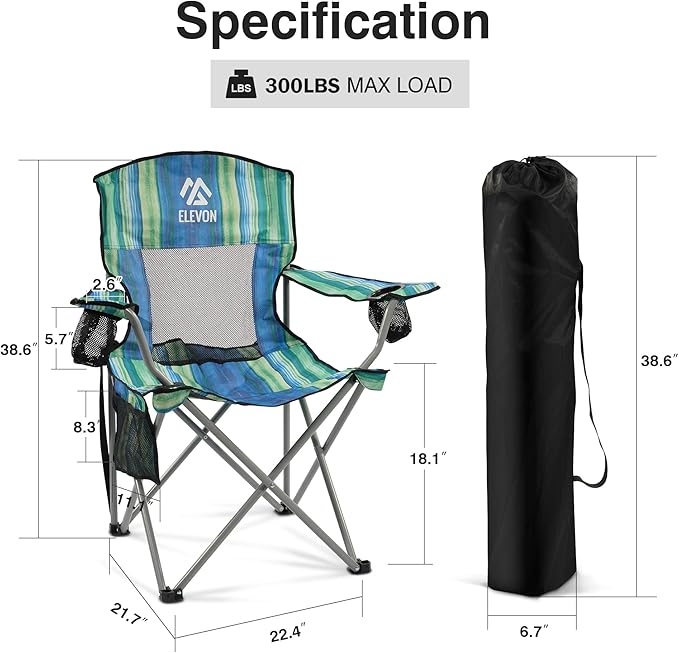 Elevon Folding Camping Chairs, Portable Outdoor Beach Chair for Adults with Carry Bag & Cup Holder, Foldable Lawn Chair with Mesh Backrest for Camp Fishing Hiking Travel Picnic Sports,